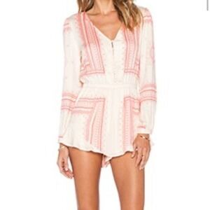 Red Saks Fifth Avenue lined Settle Down romper coral POCKETS long sleeve SZ M